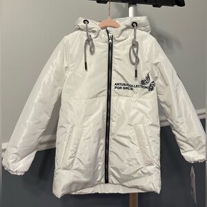 White Hooded Jacket with Black Zipper for Girl